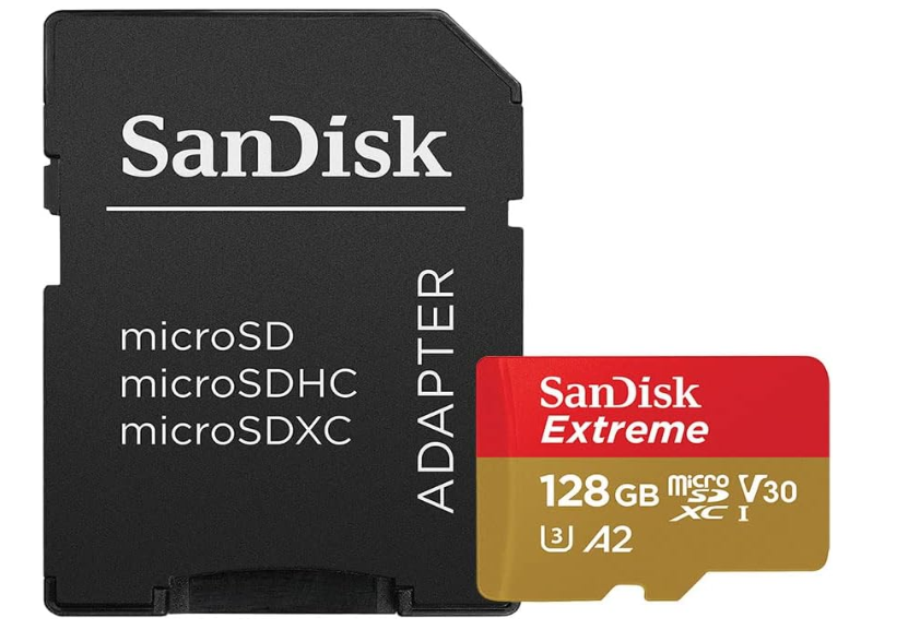 SanDisk 128GB Extreme microSDXC UHS-I Memory Card with Adapter - Up to 160MB/s, C10, U3, V30, 4K, A2, Micro SD - SDSQXA1-128G-GN6MA