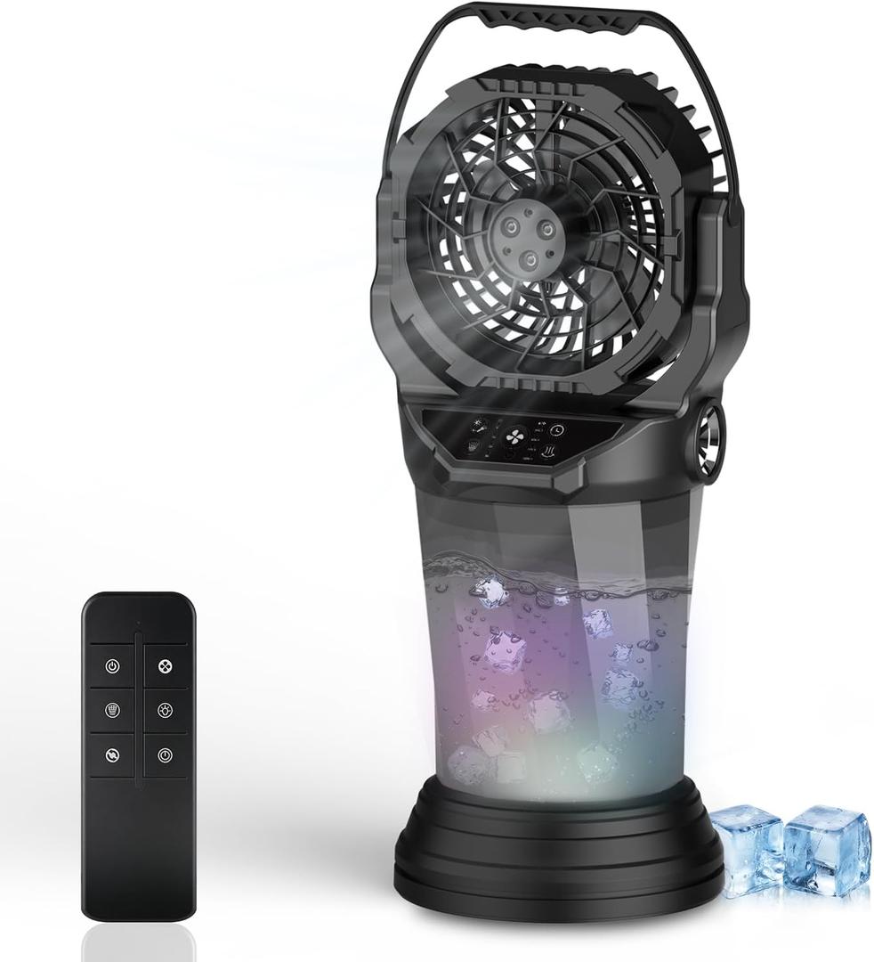 GHORA 2026 New Portable Misting Fan,25000mAh Rechargeable Battery Operated Fan for Outside Patios, 60H Runtime Oscillating Mist Fan with Remote, 2L Water Tank & RGB for Camping, Beach