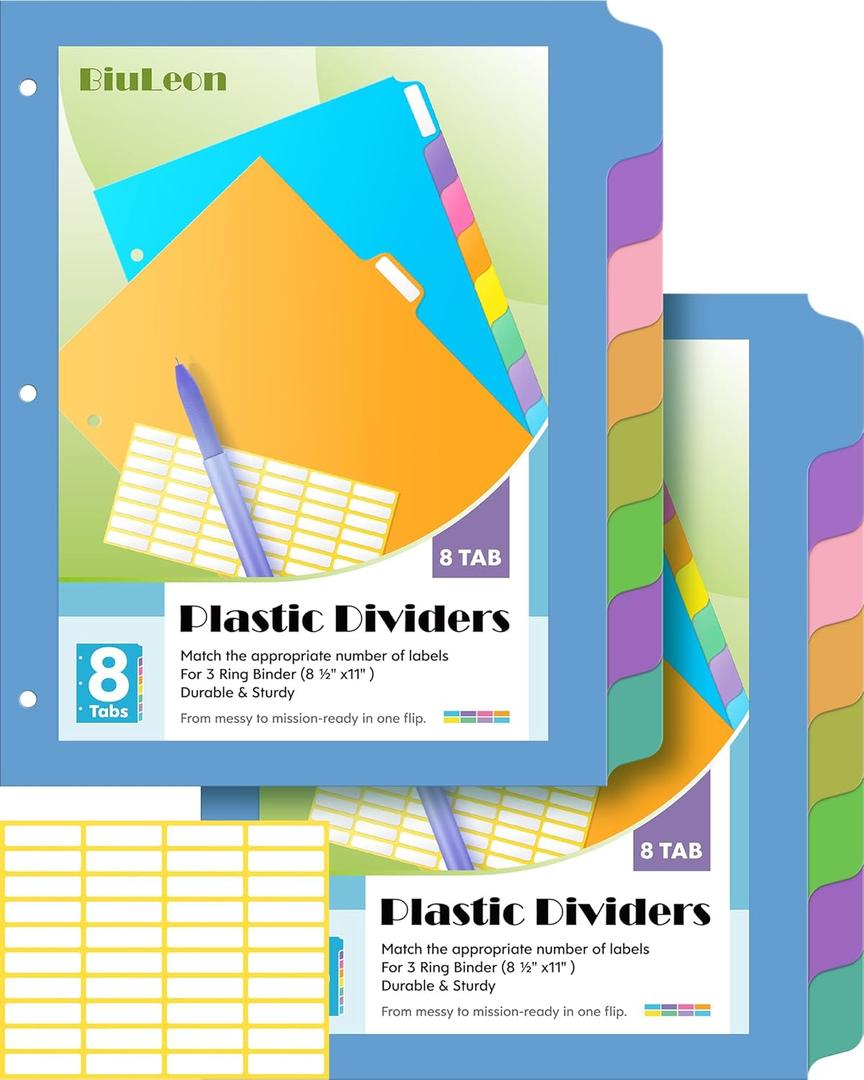 16 PCS 8 Tab Binder Dividers for 3 Ring Binder,Thicken, Write & Erase Reusable Waterproof Plastic Binders for School & Office Files, 2 Set, Extra 40 Labels (Blue)