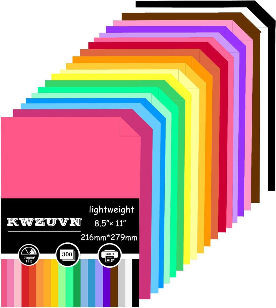 300 Sheets Colored Paper, 8.5 X 11 Colored Printer Paper Lightweight Construction Paper Double Sided Origami Paper for Crafts & Art, 20 Assorted Colors ( 70gsm/19lb)