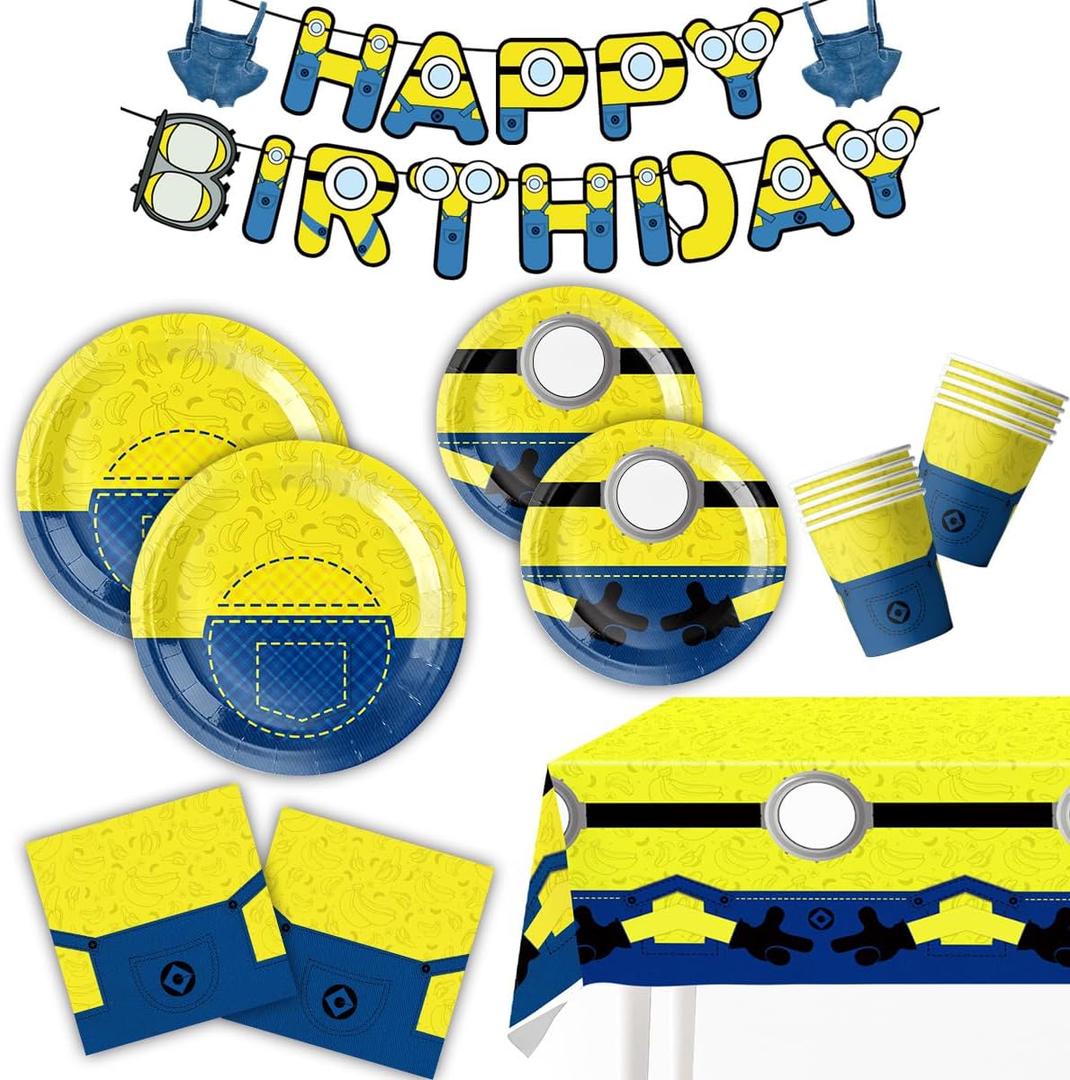 Cartoon Mini Jeans Birthday Supplies, Cute Funny Yellow Blue Happy Birthday Tableware for Kid, Party Decoration Supplies with Banner, Tablecloth, Plate, Paper Cup, Napkin