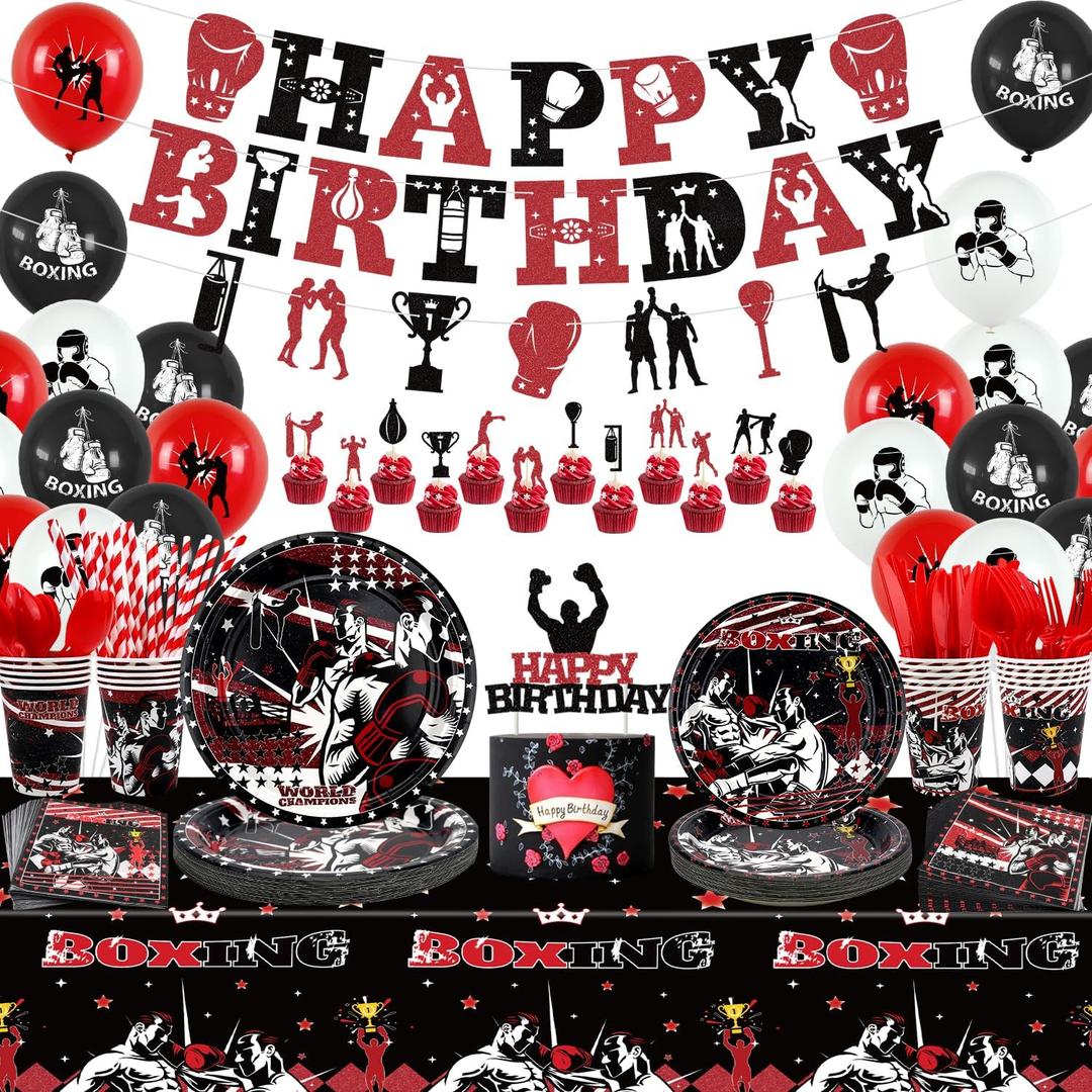 KEFAN Boxing Party decorations, Boxing birthday Party Supplies Packs, Fight Sports Wrestling Party Supplies including HAPPY BIRTHDAY Banner, Plates, Balloons, Boxing Party Set Serves 20 (Banner)