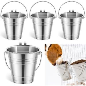 Honeydak 4 Pcs Flat Sided Pail with Dual Hooks 2 Quart Stainless Steel Flat Back Bucket Dual Hooks Hanging Dog Water Bucket Metal for Dog Cat Critter Cage Kennels Cages Fences Pet Container