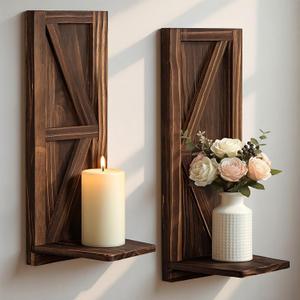 Candle Sconces Set of 2: Farmhouse Wall Candle Holder, Brown Wood Wall Sconces Set of Two,Handmade Wooden Art Decor for Living Room, Dining Room, Bathroom, Bedroom, or Entryway, 15.7"x5"
