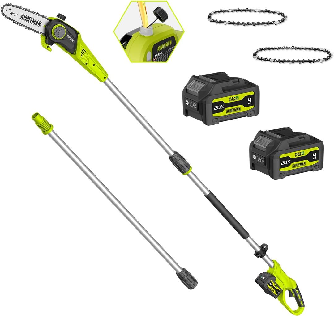 Alloyman Pole Saw Cordless,15 Ft Max Reach, 8-Inch Electric Pole Chainsaw for Tree Trimming, 20V Battery Powered Pole Chain SawTree Trimmer Limb Branch Cutter Pruner with 2 * 4.0 Battery (Green)