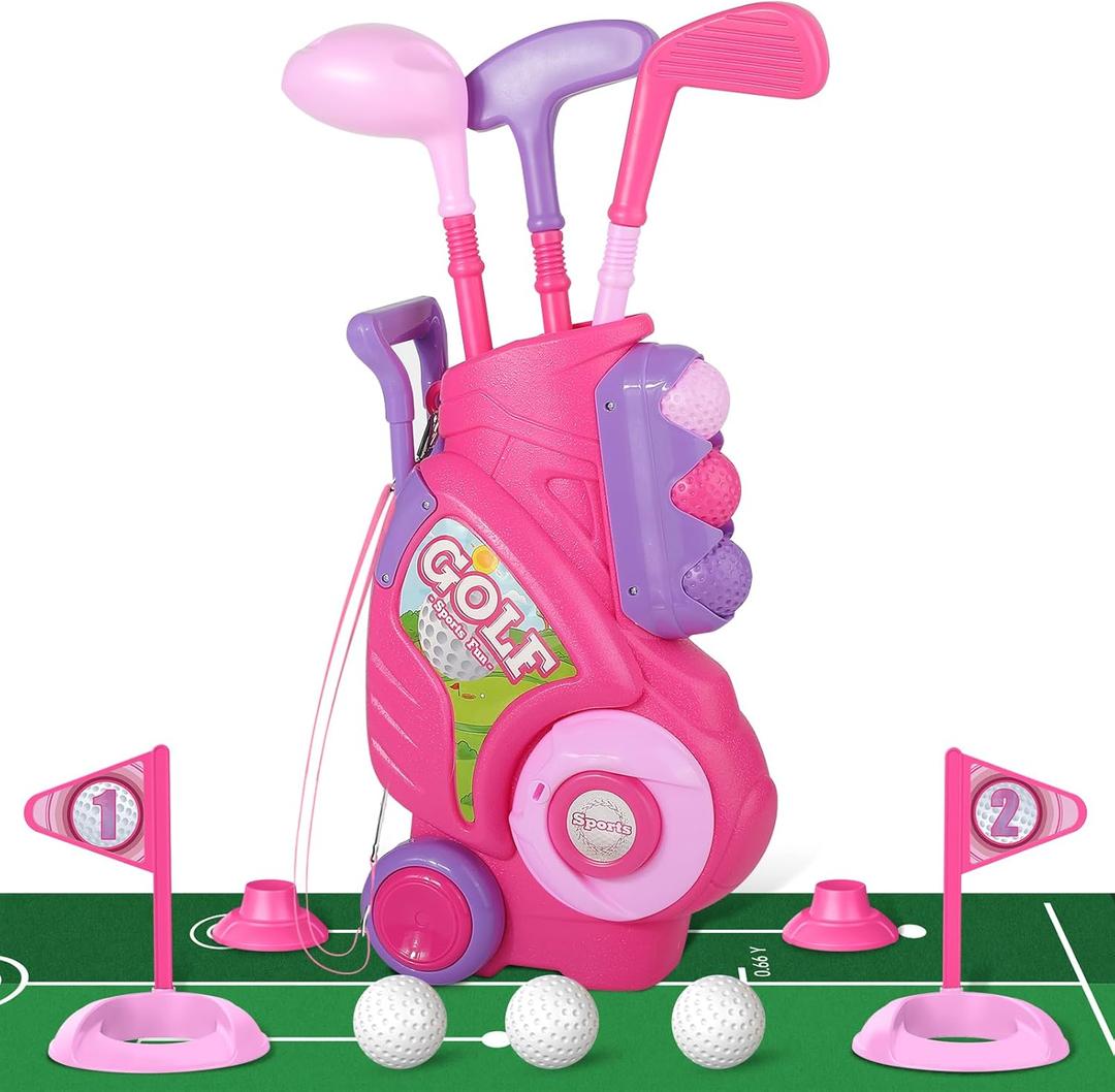 Liberry Toddler Golf Set for 2 3 4 Years Old Girls Boys, Upgraded Kids Golf Clubs Set with Golf Cart, Putting Mat, Outdoor Indoor Sports Toy Birthday Gift, Pink