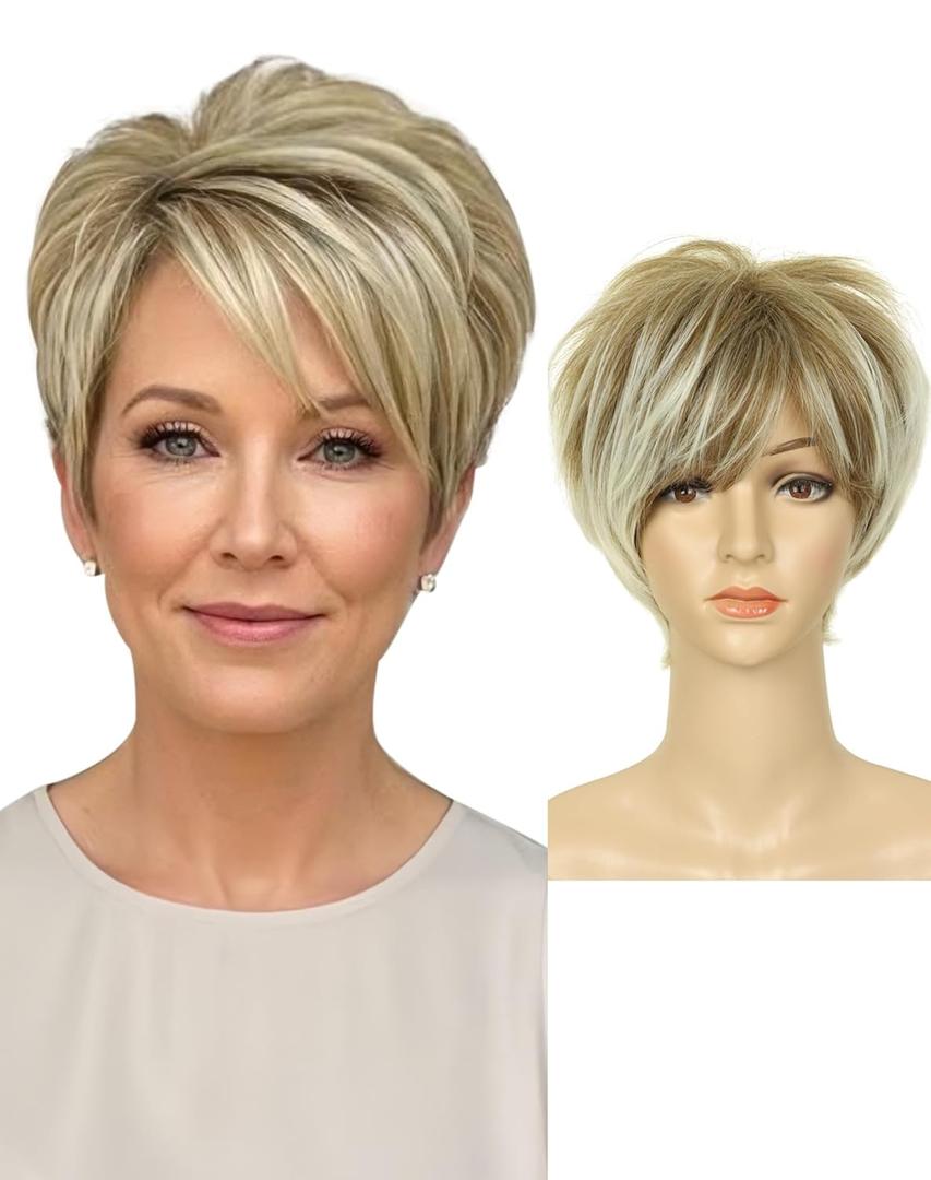 QUEENTAS Short Wigs for White Women Pixie Layered Short Pixie Cut Wig Synthetic Hair Wigs with Bangs(Blonde Mixed Brown)