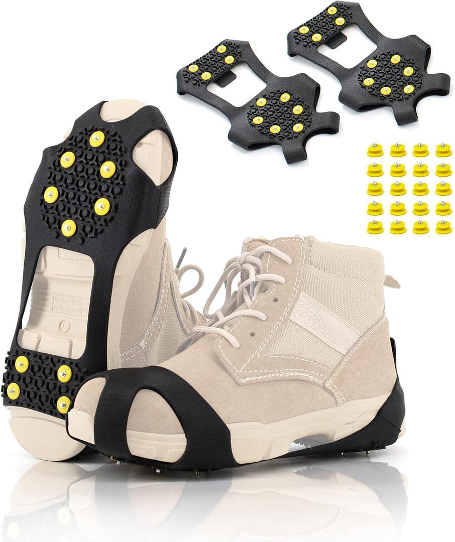Ice Cleats Snow Grips, Non-Slip Traction Crampons 10 Steel Studs with Extra 20 Replacement Studs, for Shoes/Boots, Snow Ice Walking (XX-Large)