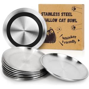 Supet Cat Plates for Wet Food, Non Slip Whisker Friendly Food Bowls, Stainless Steel Shallow Wide Dishes for Indoor Cats (13Oz, 10Pcs) (Black)