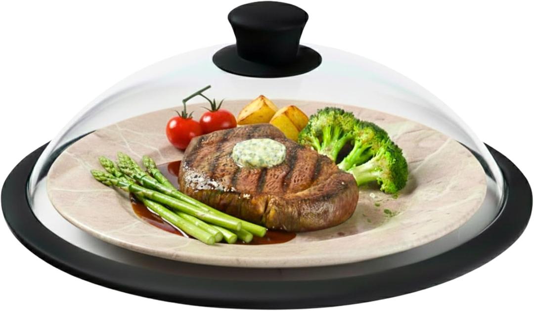 OEC Vented Splatter Guard Microwave Glass Cover for Food with Easy-Grip Handle, 12.5 inch (Inner Diameter 11.8), Food Grade Tempered Glass, BPA Free Silicone Rim with Steam Vent - Dishwasher Safe (Black)