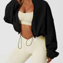 QINSEN Women's Full Zip Fleece Short Jacket Warm Winter Long Sleeve Stand Collar Sherpa Crop Coat Black S