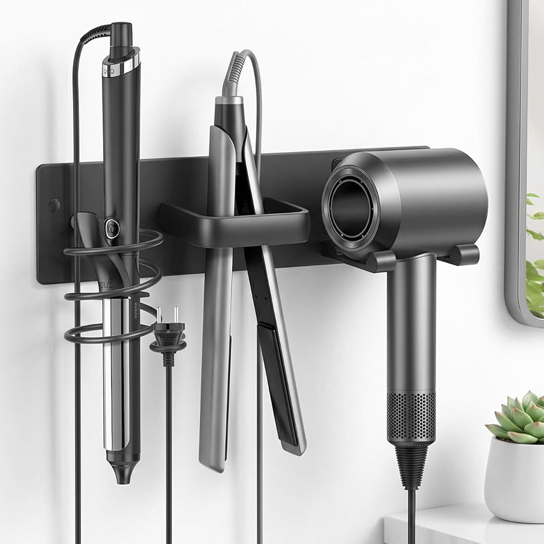 Wall-Mounted Hair Tool Organizer with Hair Dryer Holder, Flat Iron Stand & Curling Iron Caddy 3-in-1 Bathroom Storage Rack, Heat-Resistant, No-Drill Adhesive or Screw Mount, Matte Black
