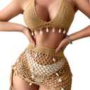 EHSUYAB Womens Sexy Two Piece Cover Up Skirt Set, Backless Shell Boho Crochet Swimsuit Coverup, Summer Beach Vacation Outfits (Beige, L)