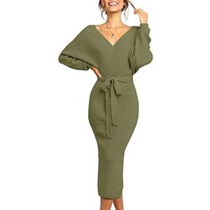 Chang Yun Women's Long Maxi Sweater Dresses Sexy Wrap Batwing V Neck Slit Open Back Holiday Bodycon Dress with Belt Small
