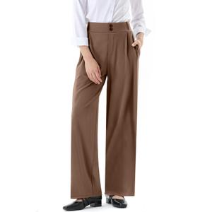JOYCATCH Womens Wide Straight Leg Work Pants Casual Slacks Business Office Trousers Button Dress Pants Brown (S)