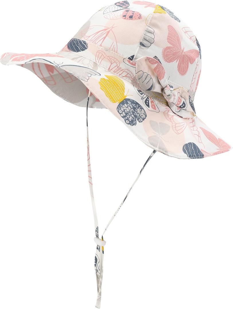 Baby Girl Sun Hat Infant Summer Beach Hats with UPF 50+ Toddler with Wide Brim Strap Outdoor Bucket Hat (White)