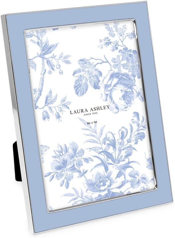 Laura Ashley 5x7 Cashmere Blue Enamel Picture Frame, Silver Metal Edge with Easel, for Countertop, Tabletop Display, Bookshelf, Desk, Wall Dcor, Photo Gallery (5x7, Cashmere Blue W/Silver)