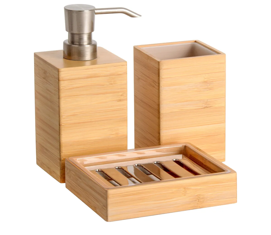 Clasin Home Bamboo Bathroom Accessories Set, 3 Pcs Wood Bathroom Accessories Soap Dispenser, Toothbrush Holder, Soap Dish, Kitchen Soap Dispenser Set for Home Decor, Housewarming Gift