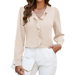 Blooming Jelly Womens Dressy Casual Blouse Business Long Sleeve Tops Ruffle V Neck Work Shirt Fall Outfit 2025 (Medium, Apricot)