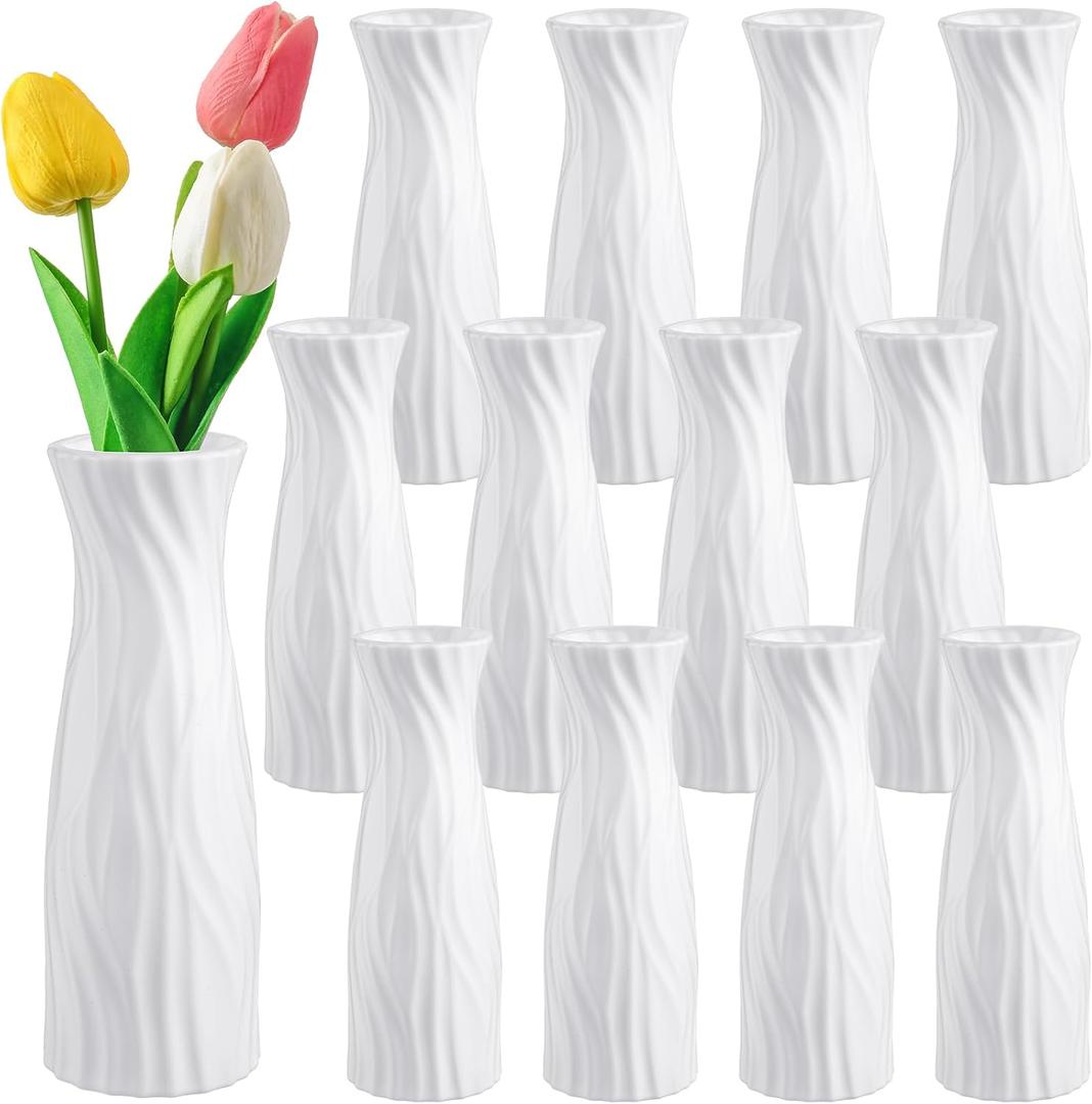 Hoolerry 12 Pcs White Flower Vases Bulk for Centerpieces Plastic White Bud Vase for Flowers Ceramic Look Flower Vase Decorative Tall Unbreakable Vase for Flowers Home Office Table(Elegant Style)