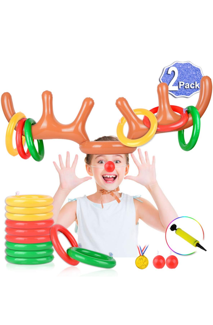 2 Set Inflatable Reindeer Antler Game (2 Reindeer Antler Hat with 12 Ring Toss, 2 Red Reindeer Nose, 1 Medal and 1 Hand-held Pump) Great Family Christmas Party Games