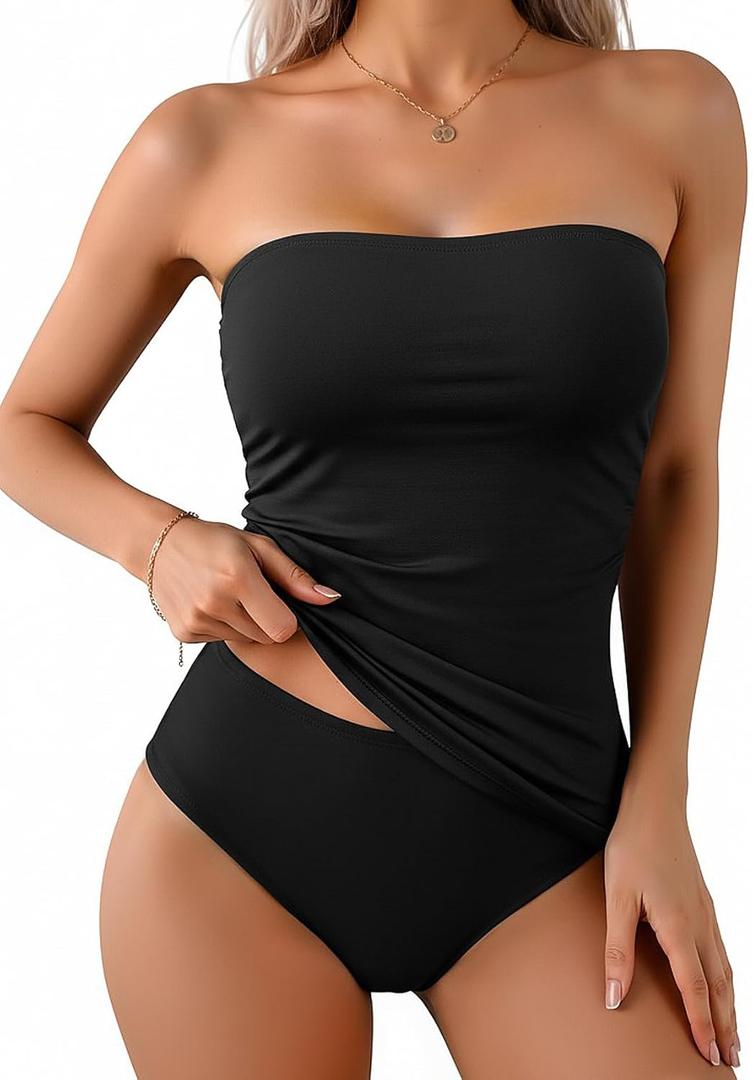Aqua Eve Bandeau Swimsuits for Women Two Piece Bathing Suits Ruched Tummy Control Tankini Sets Strapless Swimwear (X-Small, Black)