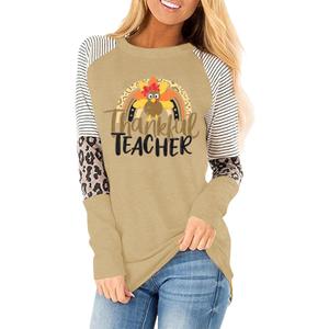 MOUSYA Thankful Blessed T-Shirt Thanksgiving Colorful Turkey Tshirt Women 3/4 Sleeve O-Neck Striped Splicing Tops Tees (XX-Large)