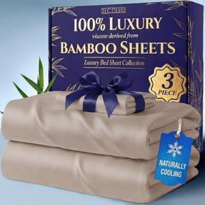 DECOLURE 100% Viscose Derived from Bamboo Sheets Twin Size - Luxury 3 Pc Naturally Cooling Sheets, Ultra Soft Bed Set - Deep 17" Pockets, Durable Double Stitching, Oeko Tex Standard (Taupe)