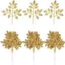 Chuangdi 30 Pcs Gold Christmas Glitter Leaves Picks 12 Inch Artificial Xmas Tree Sprigs and Twigs Glitter Spray Christmas Trees Leaves Plastic Xmas Decoration Fake Bunch Stem for DIY Garland Wreath