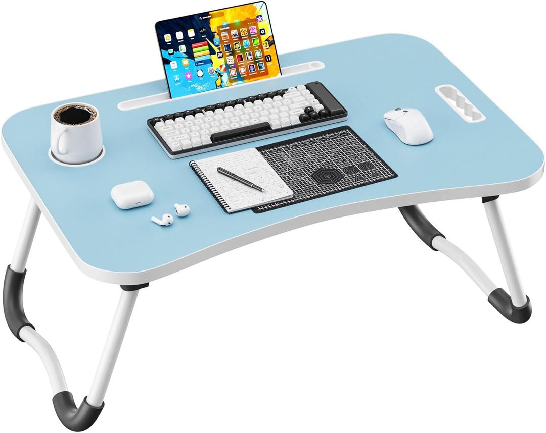 Folding Lap Desk, 23.6 Inch Wood Laptop Bed Desk with Cup Holder, Portable Bed Table for Working Writing Reading & Eating for Bed, Sofa, Couch, Floor - Blue