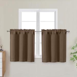 OWENIE Brown Short Blackout Curtains Tier 24 Inch Length, Small Kitchen Curtain Rod Pocket Privacy Half Window Curtains for Bathroom Basement Cabinet Camper RV Bunk, 2 Panels, Each 30" Wx24 L