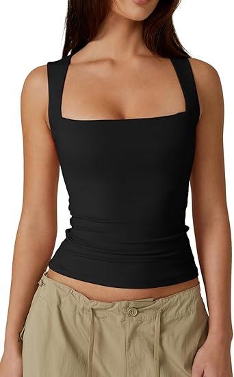 QINSEN Women's Square Neck Sleeveless Double-Layer Tank Tops Basic Tight T Shirts, Small