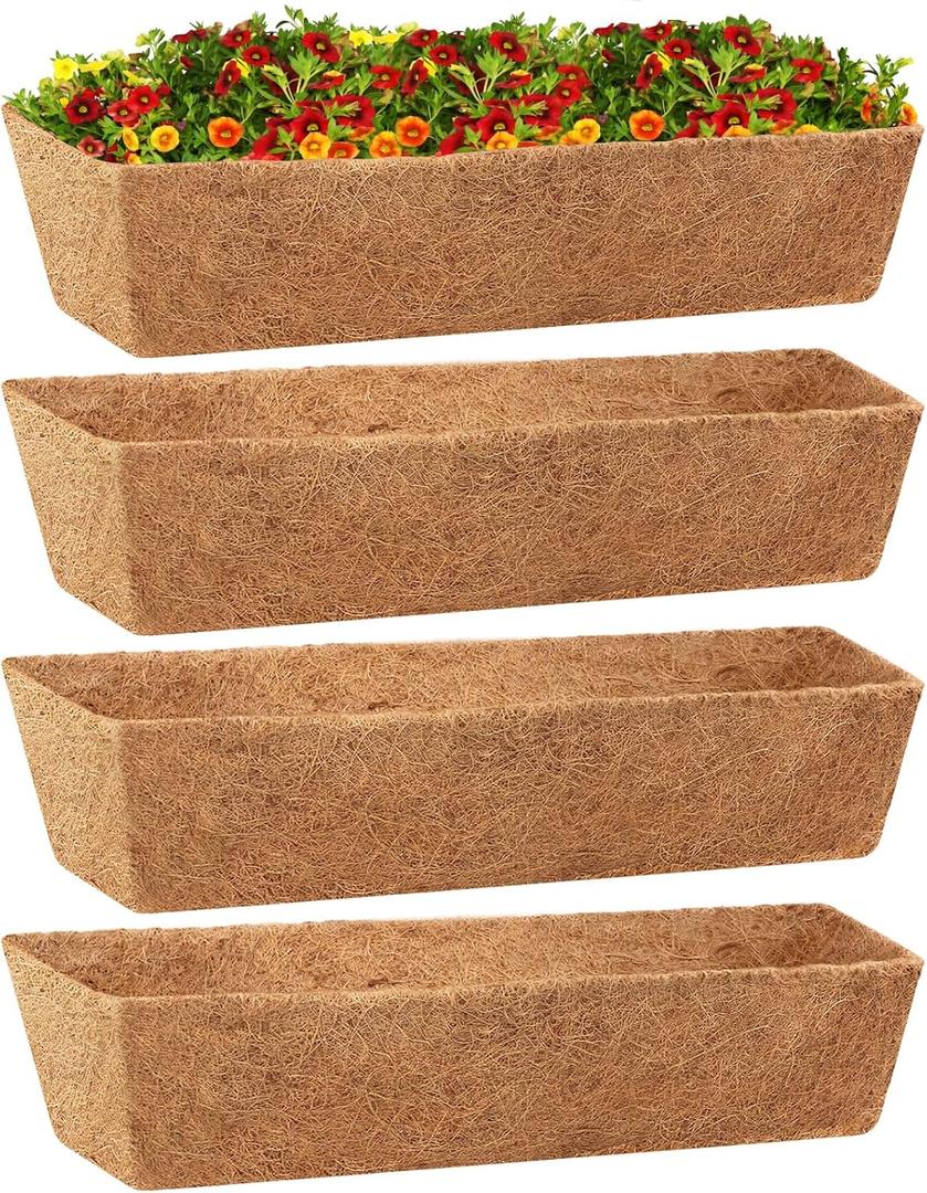 Legigo 4 Pack 24 Inch Square Coco Liners Planter Baskets Liner- Natural Coconut Coir Basket Liner Replacement, Window Box Liners Trough Coconut Liners for Wall Planter Garden Deck Fence Flower Baskets