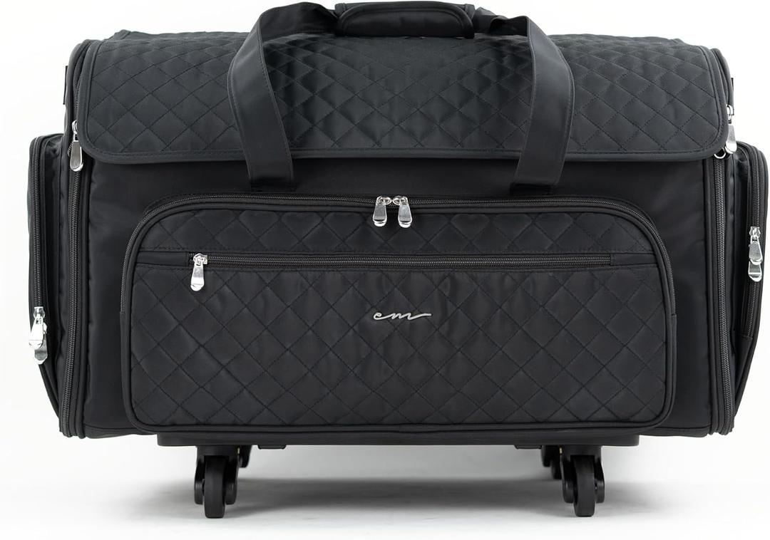 Everything Mary XXL Rolling Sewing Machine Case Black Quilted Craft Bag with 4 Wheels Spacious Storage Organizer with Pockets for Sewing & Craft Supplies