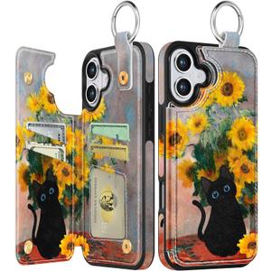 Shorogyt Compatible with iPhone 16 Wallet Case with Card Holder - Cute Fashion Sunflower Cat Design Kickstand for Magnetic Clasp Back Flip Folio Leather Phone Covers for Women Men Girls