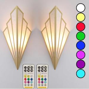 Modern style wall light set of two,Battery operated wall sconces with remote control,Wireless art deco lighting fixture for living room,6 RGB colors dimmable(With bulbs+remote control+charging cable)