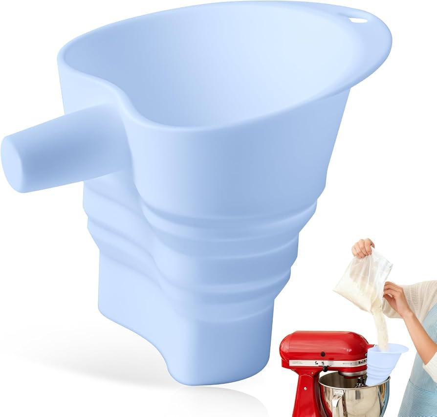 Silicone Mixer Flour Funnel, Foldable Wide Mouth Pouring Chute for Kitchen Stand Mixer to Prevent Spills and Clogs (Blue)