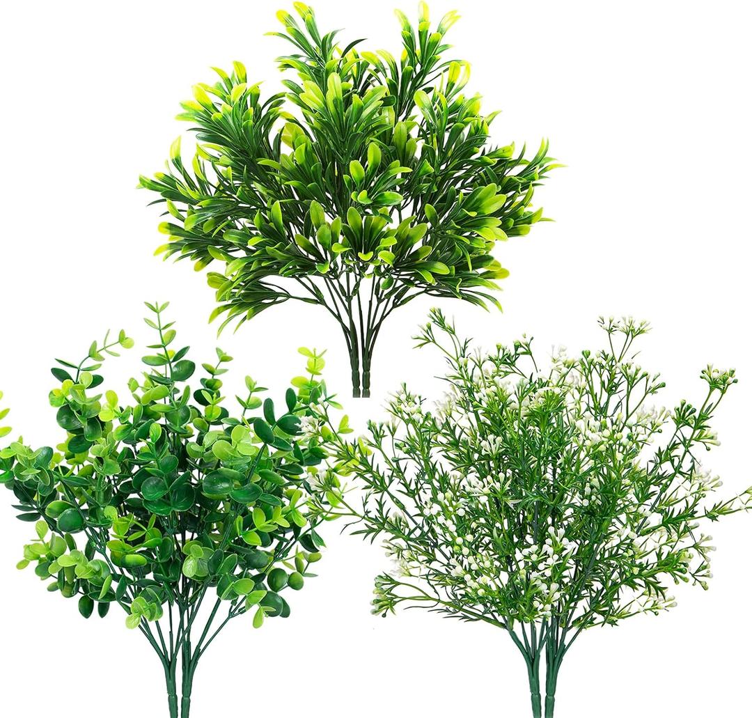Ouddy Decor 6 Bundles Artificial Greenery Stems Mixed Fake Plants Eucalyptus Stems Babys Breath Faux Plastic Artificial Plants & Flowers for Outdoor Indoor Garden Home Window Box Decor (White)