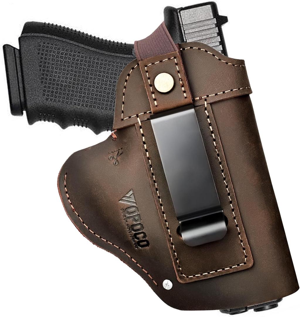 IWB/OWB Leather Holster for Glock 19/23/26/42/43X, Taurus G2/G2C/G3C, Concealed Carry Gun Holster Fits Sig P365 P320 Springfield M&P 9mm Shield Universal Leather Gun Holster for Most Size Pistols (Coffee Brown)