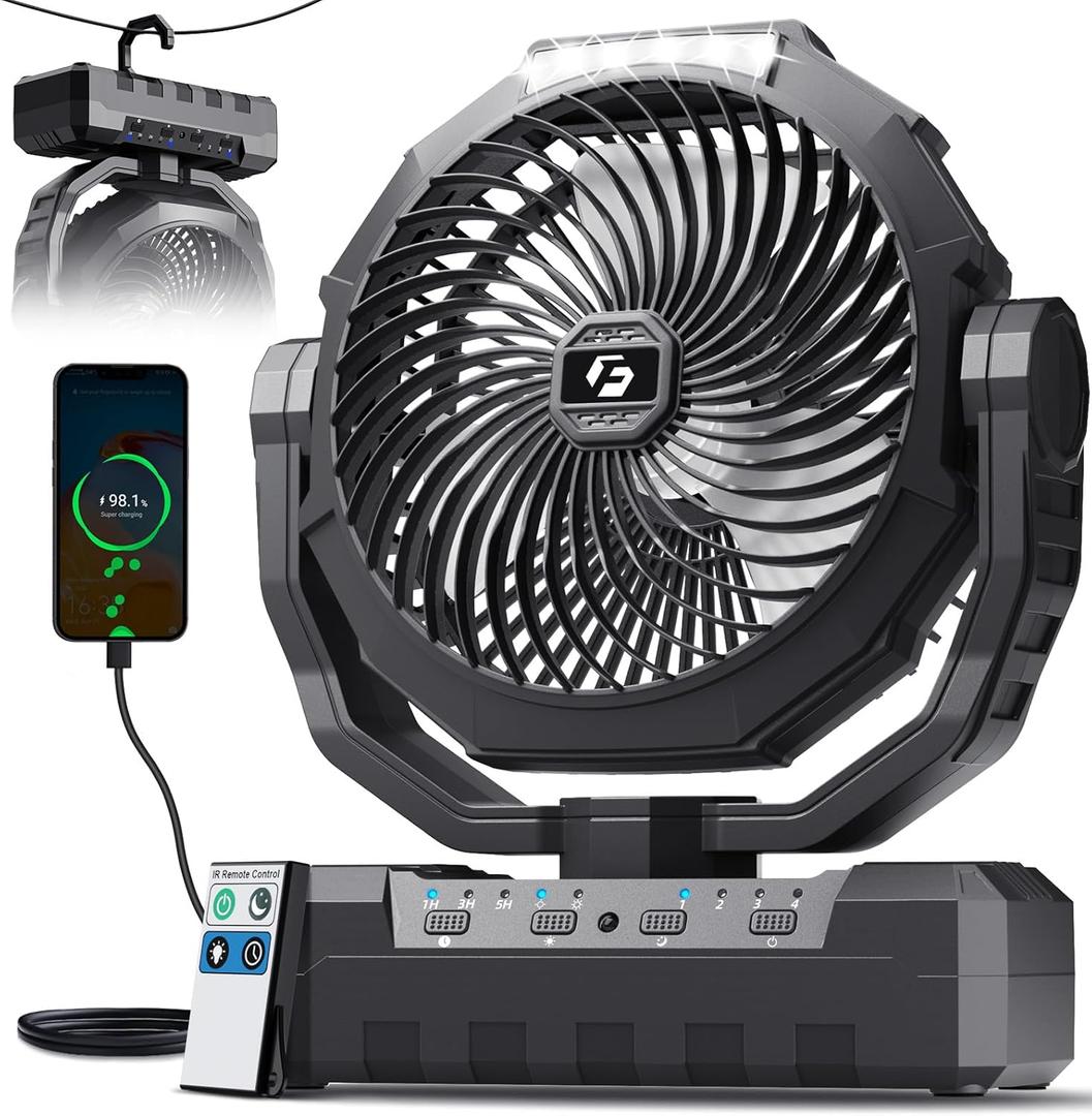 FRIZCOL 3-in-1 Camping Fan - Portable Fans Rechargeable - 48000mAh Battery Powered Fan with Light & Remote for Indoor, Outdoor, Tent, Travel, Fishing, Jobsite, Gifts for Men Dad Him - Black, Large
