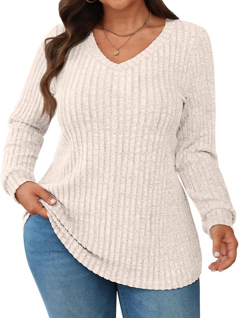 WYNNQUE Womens Plus Size Tops Long Sleeve V Neck Shirts 2025 Fall Fashion Tunic Sweaters Dressy Casual Winter Clothing Apricot 3XL