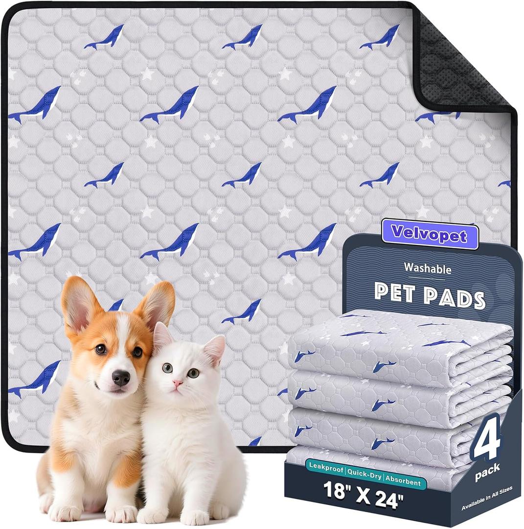 Washable Pee Pads for Dogs, 4 Pack Puppy Pads, Super Absorbent & Leakproof with Anti-Slip Bottom for Dog Training, Crates, Car, Pet Pee Pads, and Furniture Protection, 18"x24" (Dolphin Pattern)