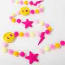 Whaline Preppy Felt Banner 3D Pink Face Lighting Star Banner Felt Ball Garland Pre-Assembled Preppy Theme Bunting Garland for Back to School Dorm Classroom Hanging Decoration Party Supplies