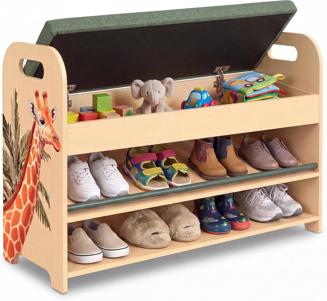 Kids & Toddler Shoe Rack with Bench Seat: Solid Pine Wood 2-Tier Shoe Organizer with Hidden Storage - Safari Giraffe Design Kids Furniture - Cushioned Seat, Rounded Safety Corners, Easy Assembly, 40 inches x 13 inches x 27 inches