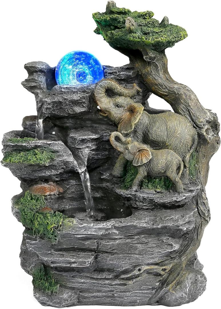 BEAMNOVA Tabletop Fountain,Relaxation Water Feature Feng Shui Indoor Fountain of Elephant Sculpture with Colorful Spinning Ball for Home Office Desktop Dcor (Style4)