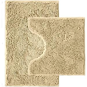 Bathroom Rugs Sets 2 Piece,Super Absorbent Chenille Bath Mats and U-Shaped Toilet Rug,Strong PVC Non Slip Backing,Microfiber Washable Dry Quickly Bath Mats for Bathroom(20"x32"+20"x20"U, Camel)