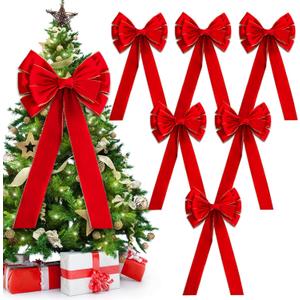 Red Christmas Large Velvet Bows: 36" x 18" Golden Edged Velvet Bow - Christmas Tree Topper Ornament Bow for Christmas Tree Wreath Door and Fireplace Decoration (6, Red)