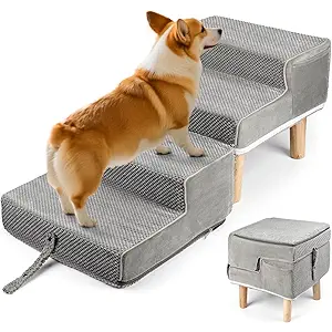 Hdnbsp Split Ottoman Dog Ramp, 4-Step Dog Stairs for Bed, Foldable Pet Steps for Small, Medium, Senior Dogs & Old Cats - Couch Height, Anti-Slip, Washable Cover, Storage Pocket, 135lb Capacity