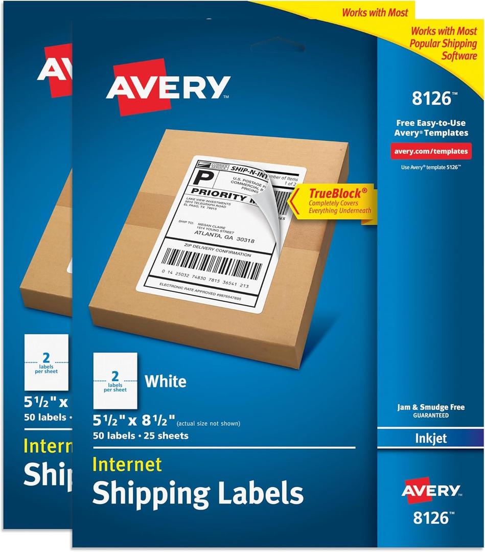 Avery Half-Sheet Printable Shipping Labels, 5.5" x 8.5" Customizable Stickers, White, 50 per Pack, 100 Blank Mailing Labels Total, Great for Mailing, Shipping, Organizing, and More (2-Pack of 8126)