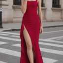 Womens Sleeveless Square Neck Formal Dresses Sexy Bodycon Ruched High Slit Wedding Party Guest Prom Maxi Dress (Red, L)